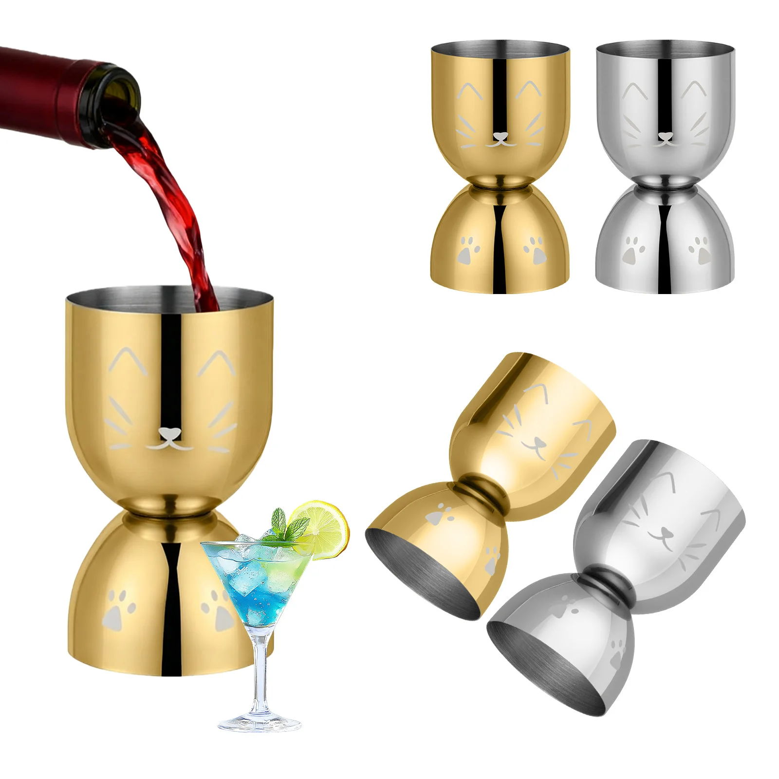 Bar Cocktail Jigger Measured Double 20ml 40ml Measuring Jiggers, Stainless Steel Tools Cup Shaker, Golden Silver Cat Measure Cup