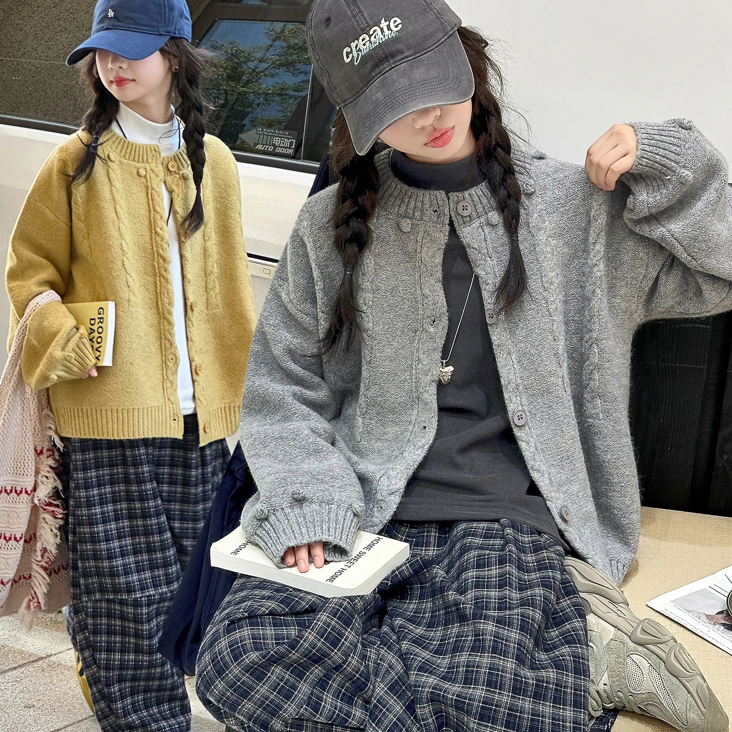

Kid Sweater Baby Girl Casual Fashion SpringAutumn Solid Classical Cardigan Tween Vintage Outfit Child Korean Style Knitted 4-14Y