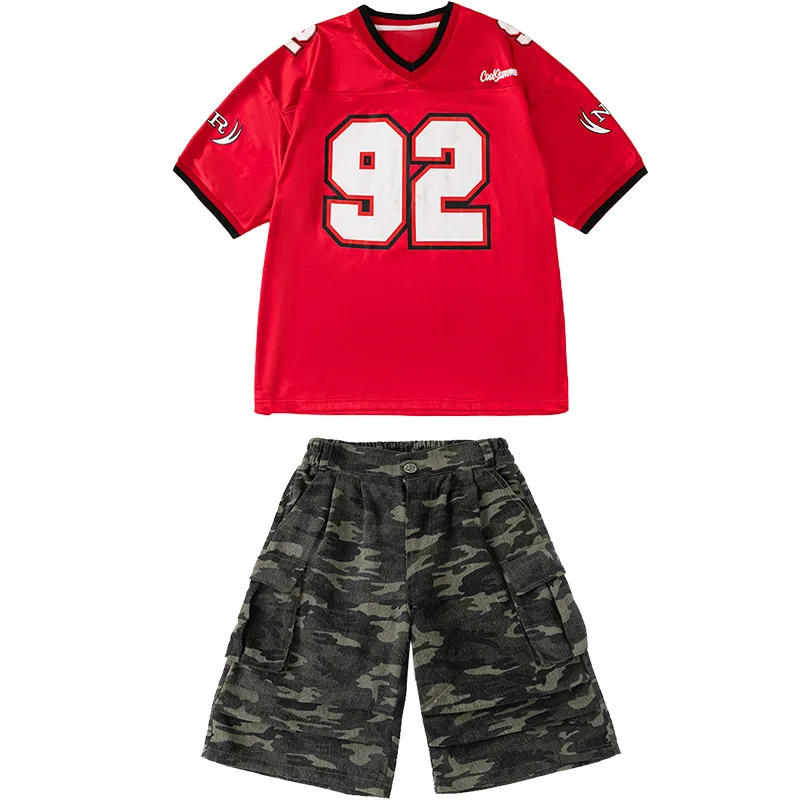Ropa de Hip Hop Kpop para chico, camiseta roja con cuello en V, pantalones cortos Cargo informales de camuflaje para niñas y niños, Ropa de baile de Jazz, disfraces
