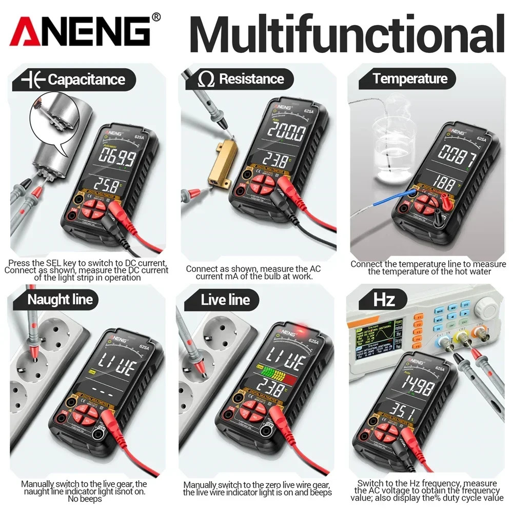 

625A ANENG Digital Multimeter 1000V 10A Color Display 60MOhm Multimetro USB Type-C Charge AC DC Current Resistance Test Meter