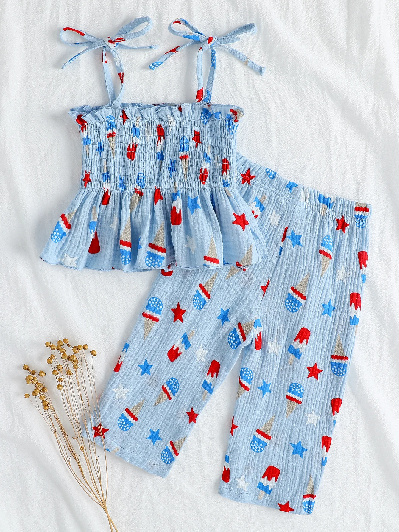 2025 Summer European and American Style Ice Cream Print Girls’ Set: Children’s Bow Strap Tank Top and Pants