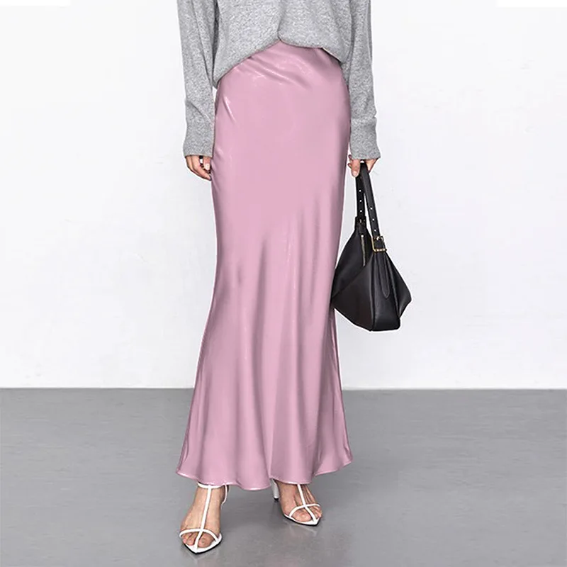 

Hot Selling Solid Color Satin Elastic Waistband Women's A-line Skirt Summer and Autumn Women's Slim Fit Skirt New Model P982