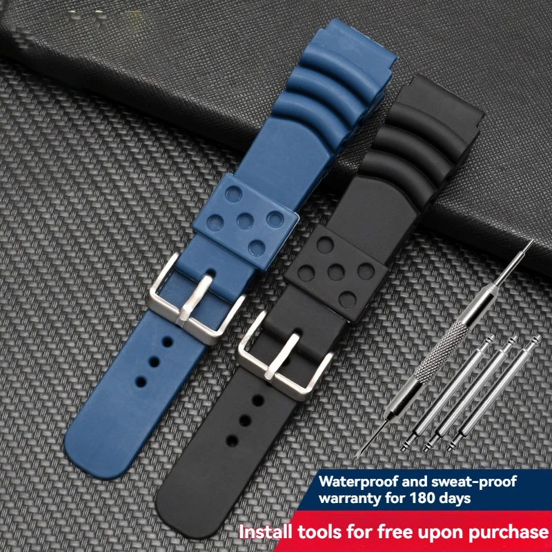 22mm 20mm 24mm Silicone Dive Strap for Seiko 5/SKX007/Turtle/Samurai – Black Blue Waterproof Watch Band with Pin Buckle
