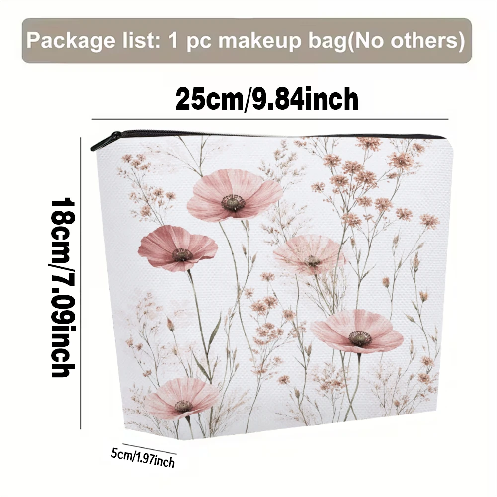Pink Poppies And Wildflowers Pattern Makeup Bags for Girls Cosmetic Pouch Toiletry Bag Pencil Case Travel Storage