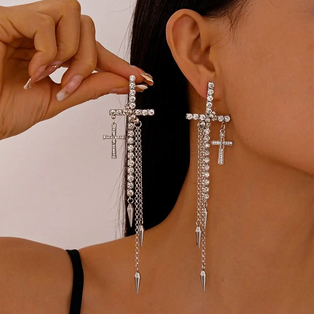 

Inlaid Rhinestones Cross Earrings Fashion Exaggerate Long Tassels Dangle Earrings Temperament Exquisite Ear Stud