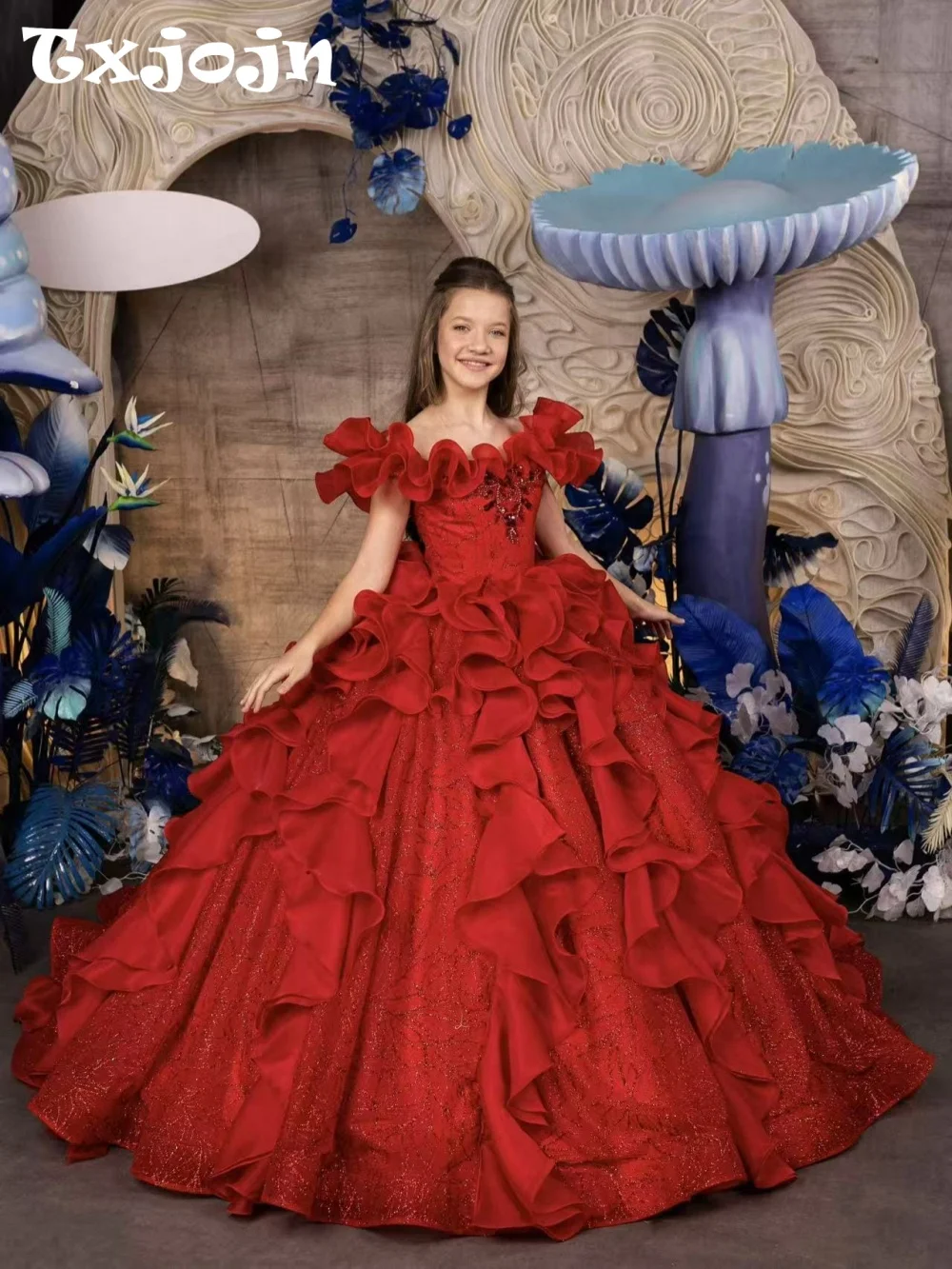 New Arrival Red Ruffled Shinny Beaded Ball Gown Kids Princess Pageant Dress Luxurious Off Shoulder Girls Dresses For Performance