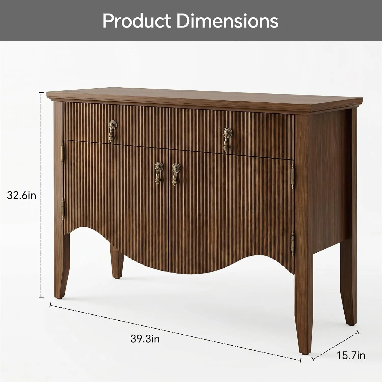 Fluted Buffet Cabinet With Storage, Retro Sideboard Credenza With Two Drawers, Wood Accent Bar Cabinet Cupboard, Entryway Console Table For Living Room Dining Room, Walnut