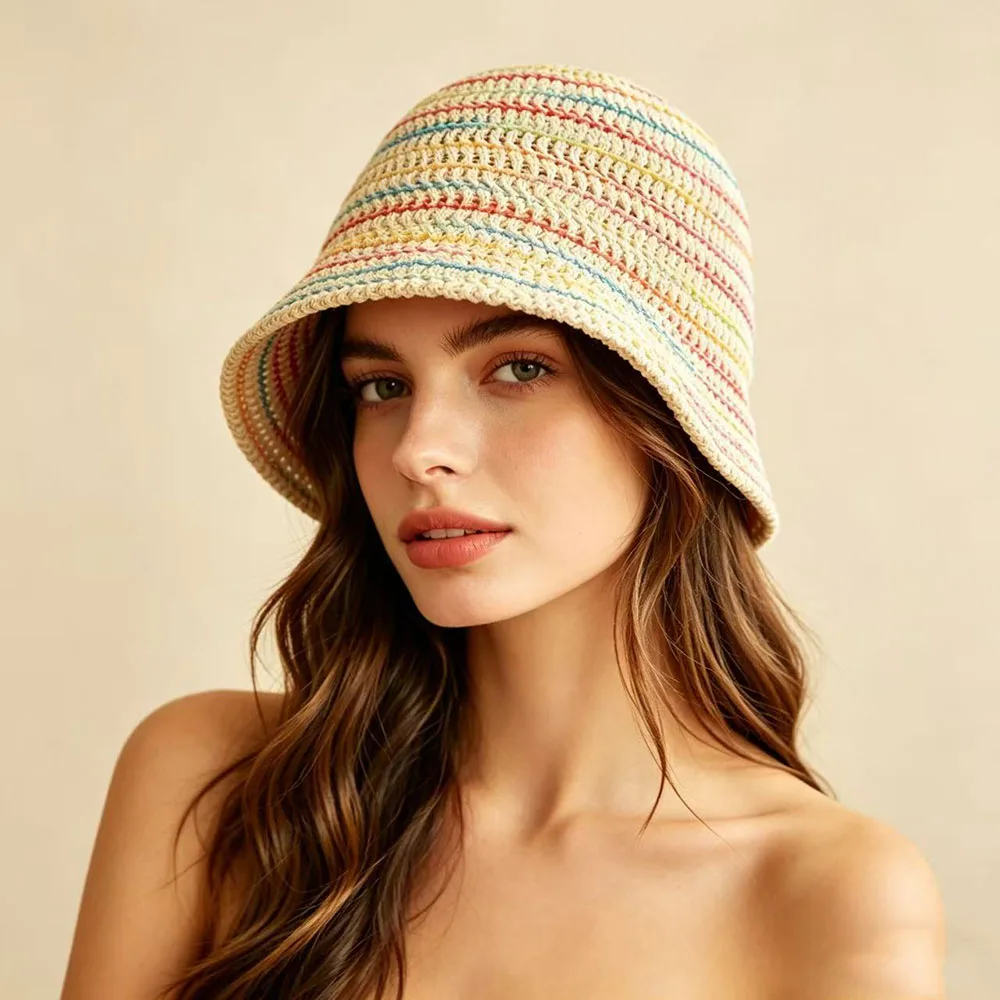 Summer Stripe Fresh Holiday Bucket Hat  for Women Korean Fashion Show Face Small Sun Fisherman Cap Foldable Versatile Panama