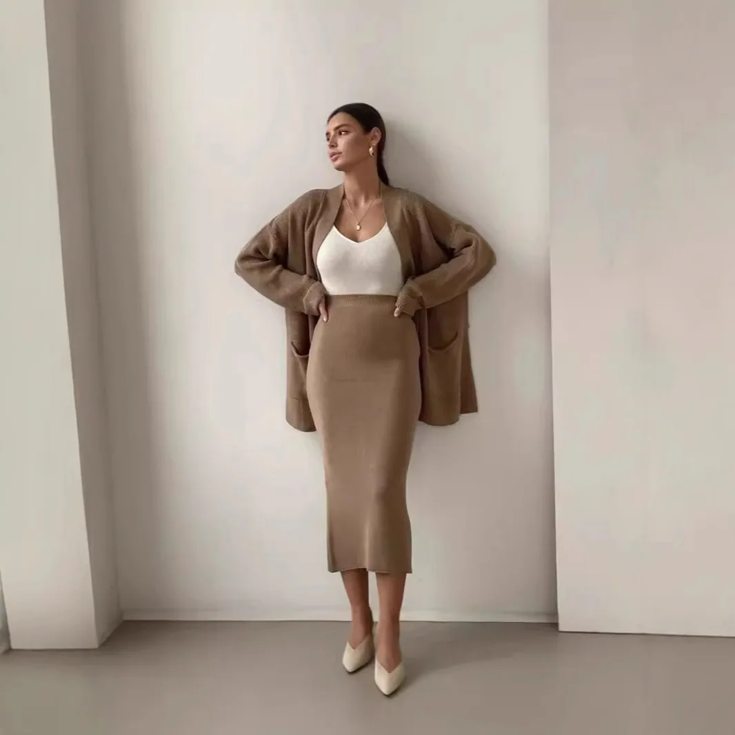 

Женский осенне-зимний вязаный свитер с поясом, кардиган, топ + модная юбка с высокой талией