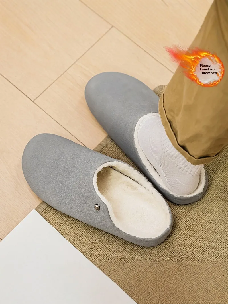 Men's Cotton Slippers Winter Warmth Fleece Indoor Home Slippers Casual Half Slippers Leather Inner  Flat Heel Shoes