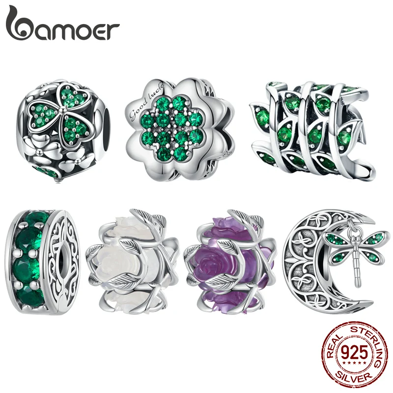 Bamoer 925 Sterling Silver Color Changeable Flower Beads Lucky Four-leaf Clover Charms for Women Bracelet and Bangle Making