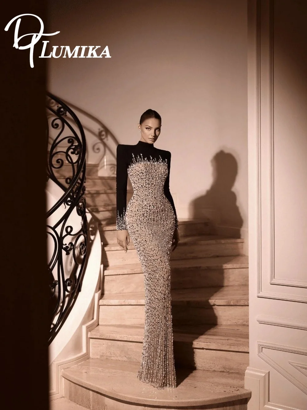 

Glamorous Sparkly Gown Black Embellished Floor Length Banquet Dress High Neck Long Sleeve Black Wedding Guest Dress فساتين سهرة