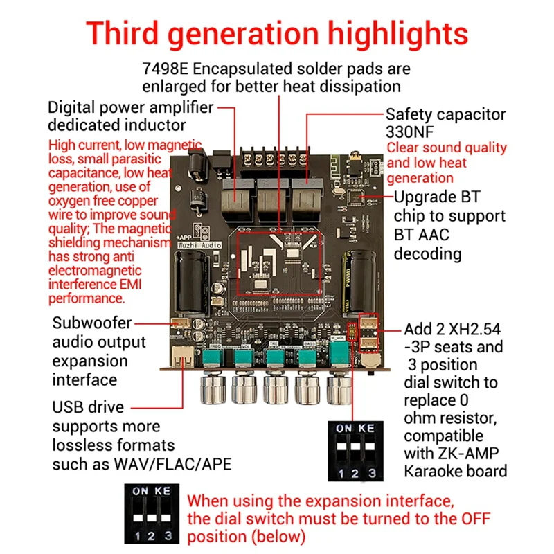 

Classy-ZK-ST21 Плата цифрового усилителя мощности 2,1-канальный 2X100 Вт + 200 Вт сабвуфер TPA3221 Модуль усилителя Bluetooth с проводами