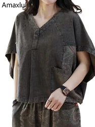 Amax luluE 2024 Summer Clothes Women Fashion Loose Printed Oversized Tee Shirts Ladies Luxury Casual Vintage Classic V Neck Tops
