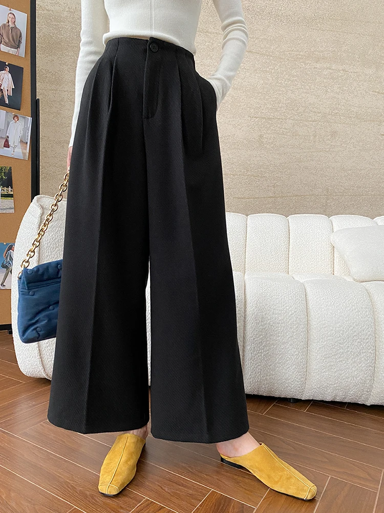 [EAM] High Waist Coffee Pleated Long Thick Wide Leg Woolen Pants New Trousers Women Fashion Tide Autumn Winter 2024 1DH7872