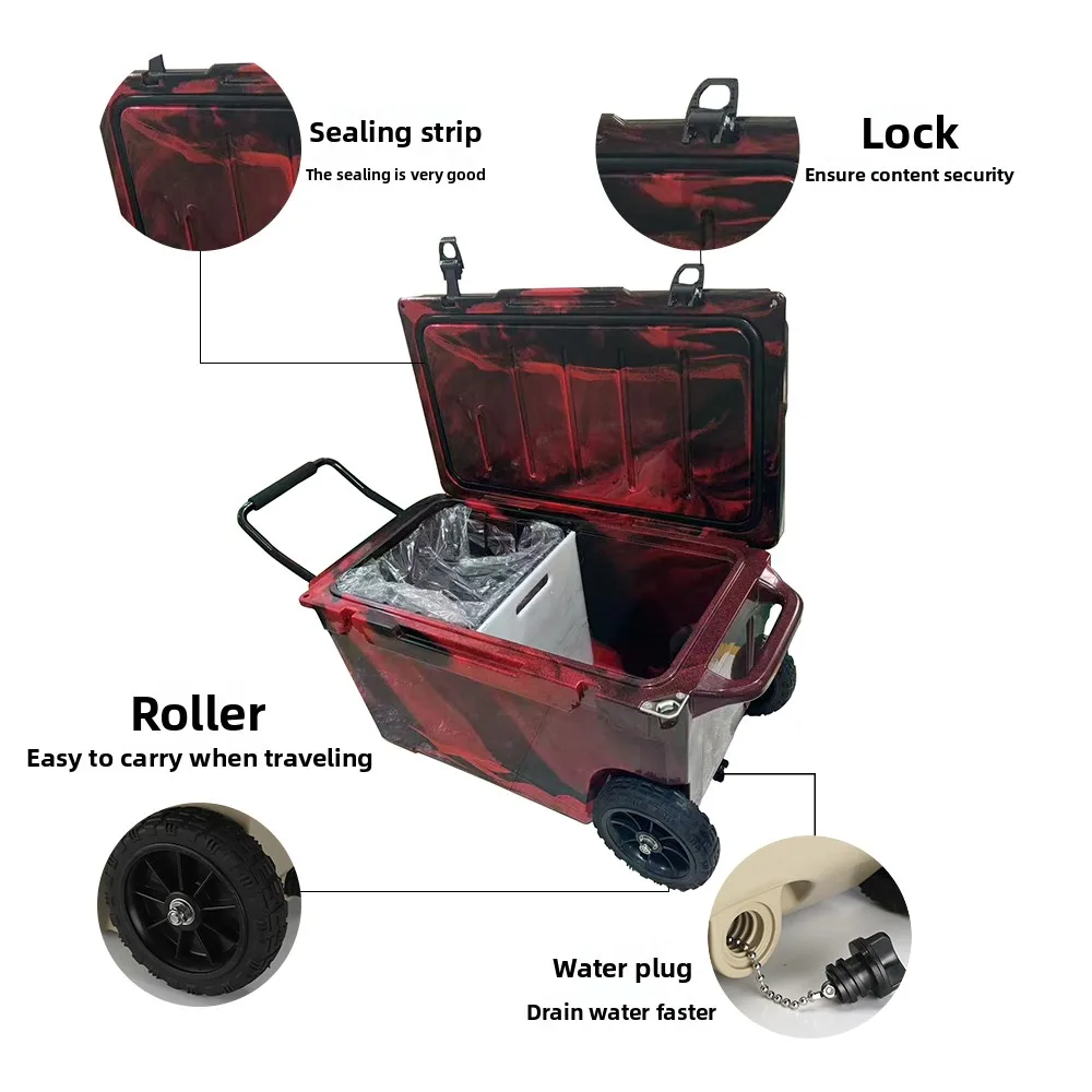 LLDPE 60QT/75QT High Performance Wheeled Ice Chest Heavy Duty  Camping Cooler for   Storage Fishing   Rotomolded  Cooler Box