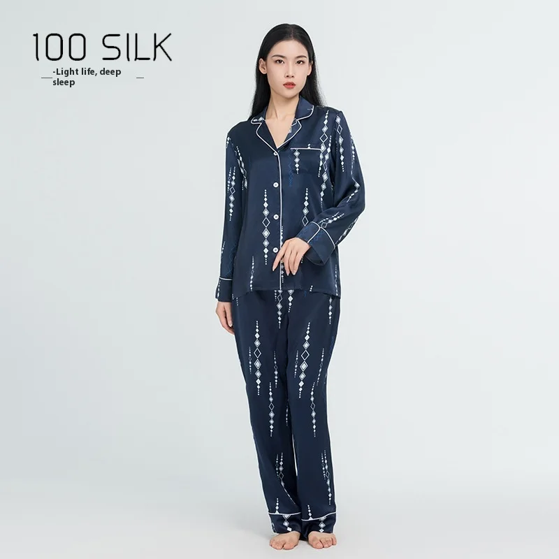 Autumn Winter 100% Mulberry Silk Pajamas Women Long-Sleeved Solid Casual Loose Black Soft Buttons Cardigan Homewear Sleepwear