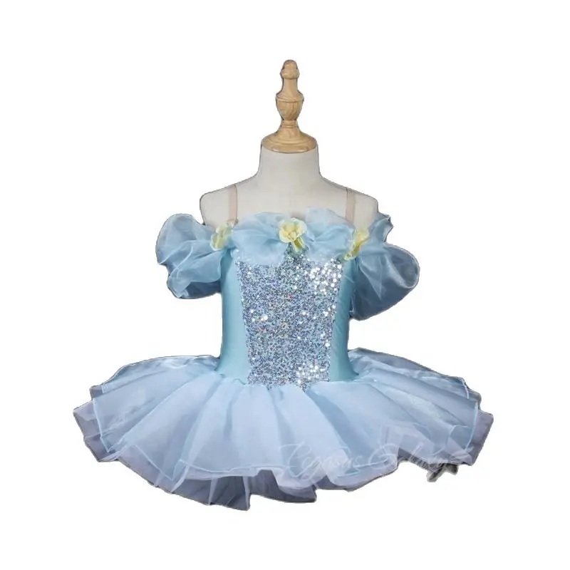 

Ballet Dance Tutu Girls Sequin Gauze Dress Stage Performance Costume Romantic Flower Neckline Dance Performance Costume