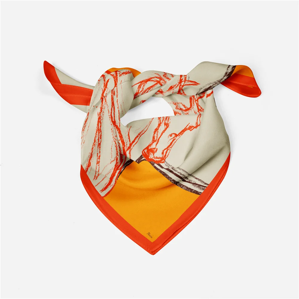 53cm Brand Sketch Horse Square Scarf Woman 2024 Design Silk Scarf Women Bandana Luxury Headband Hijab Neckerchief