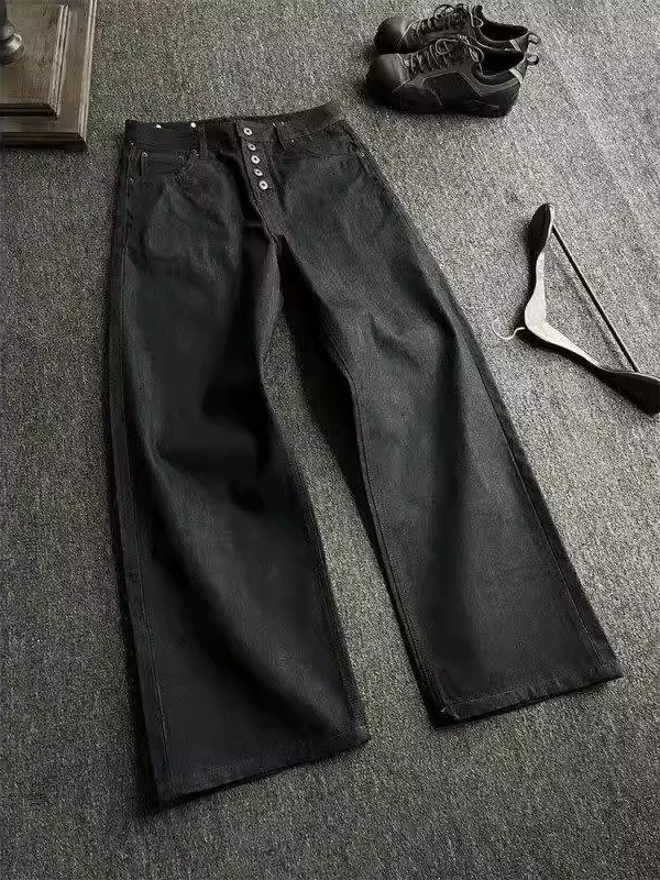 

Американские черные джинсы с пятью пуговицами, оригинальные, мужские, прямого кроя, широкие штанины, в стиле ретро, для уличной моды