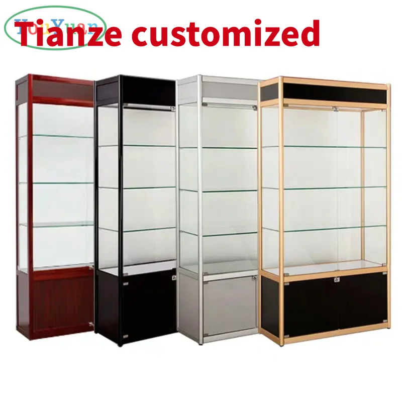 (Customized) smoke shop display cabinet adjustable shelves wall glass display aluminium with LED light glass displa