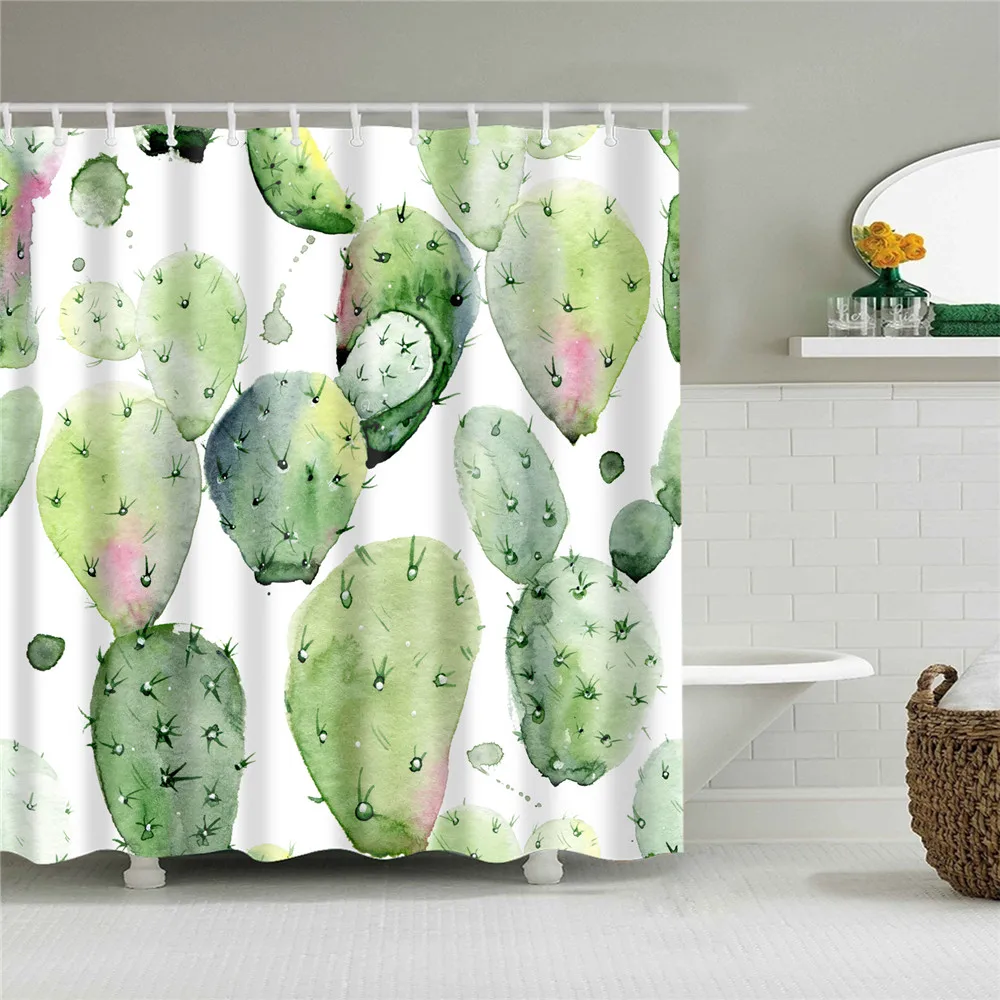 Leaf Plant Hand Painted Landscape Cactus Tree Print Waterproof Shower Curtain Bathtub Home Decor With Hook cortina de la ducha