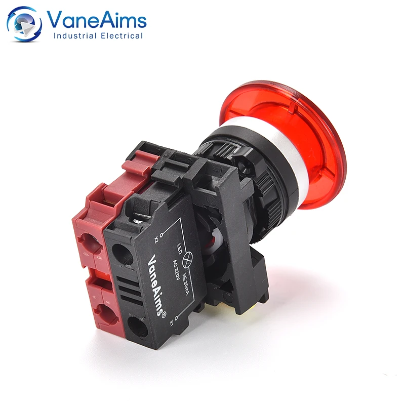 22mm LA36M Mushroom Button Switch with LED Latching Momentary Self Reset Push Button Switch RED GREEN 12V 24V 110V 220V