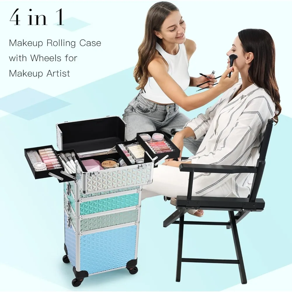 Professional Rolling Makeup Train Case 4 in 1 Aluminum Trolley Case with Wheels for Makuep Artist Cosmetic Suitcase Organizer