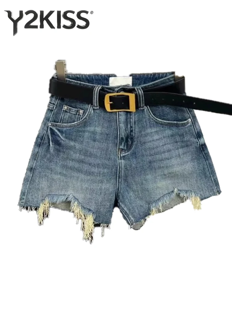 

2026 Summer Women American Retro Ripped Denim Shorts With Belt Y2K 2000s High Waist Japanese Harajuku Jeans Hot Pants Streetwear