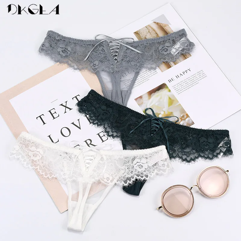 New Fashion Sexy G-String Lady 3 Piece Panties Transparent Lace Thong Women Underwear Soft Low-Rise Thongs Embroidery