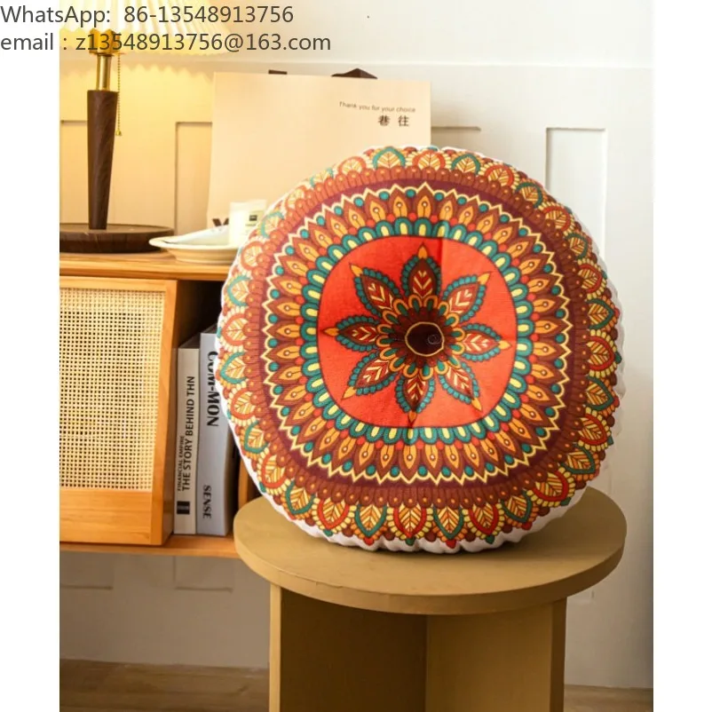 Retro round futon seat cushion bay window tatami mat floor seat cushion 40x40cm [cotton and linen double-sided cushion]