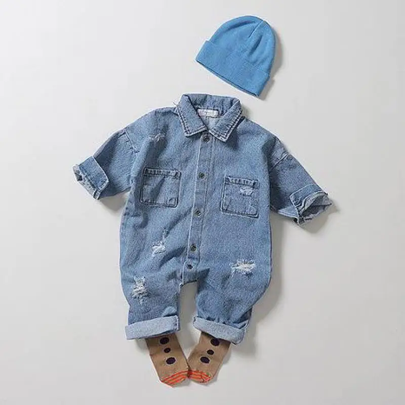 2025 Autumn New Baby Boy Long Sleeve Denim Romper Newborn Infant Girl Ripped Jeans Jumpsuit Cute Toddler Clothes 0-24M