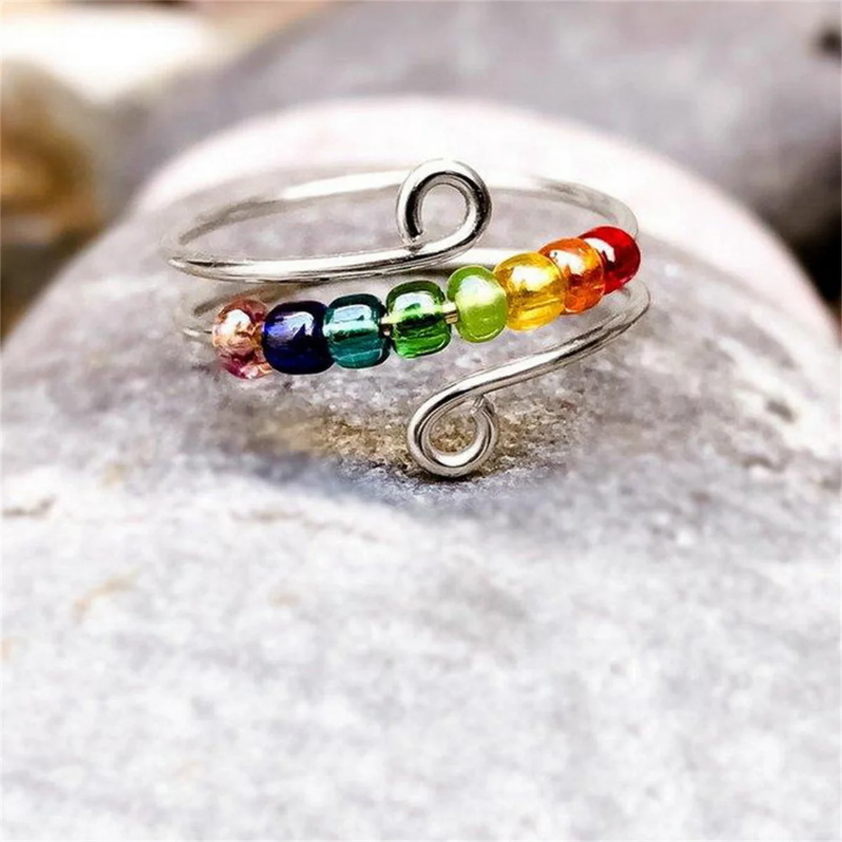 Bohemian Rainbow Bead Anxiety Rings For Women Girl Rotate Freely Anti Stress Fidget Spinner Ring Fashion Stacking Finger Jewelry