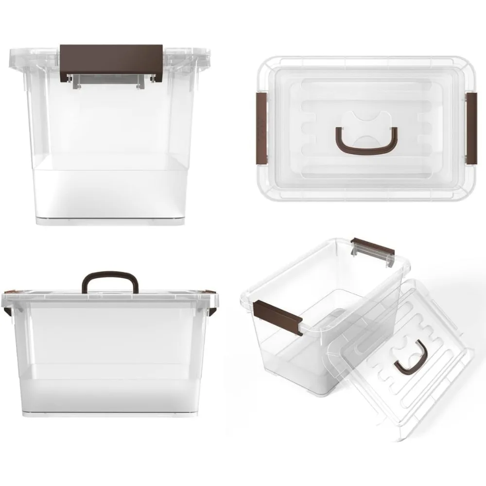 Stackable 7-Quart Clear Plastic Storage Boxes with Latching Lid and Brown Handle, Multi-Purpose, 7 Liter Capacity