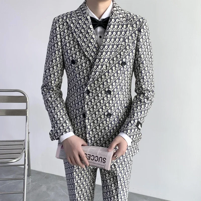 Printed Letter Men Suits Slim Fit Double Breasted Groom Tuxedos For Wedding 2 Pcs Male Fashion Costume Jacket With Pants 2024