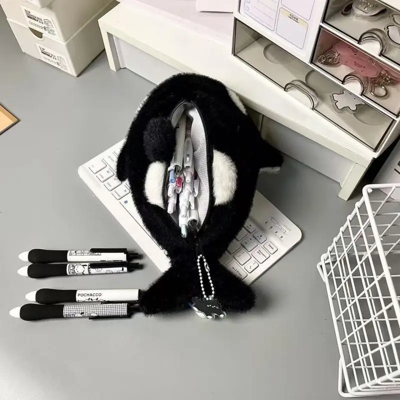 만화 플러시 킬러 고래 펜 가방 대용량 편지지 가방 학교 사무실을위한 학생 선물 재미 있은 연필 케이스