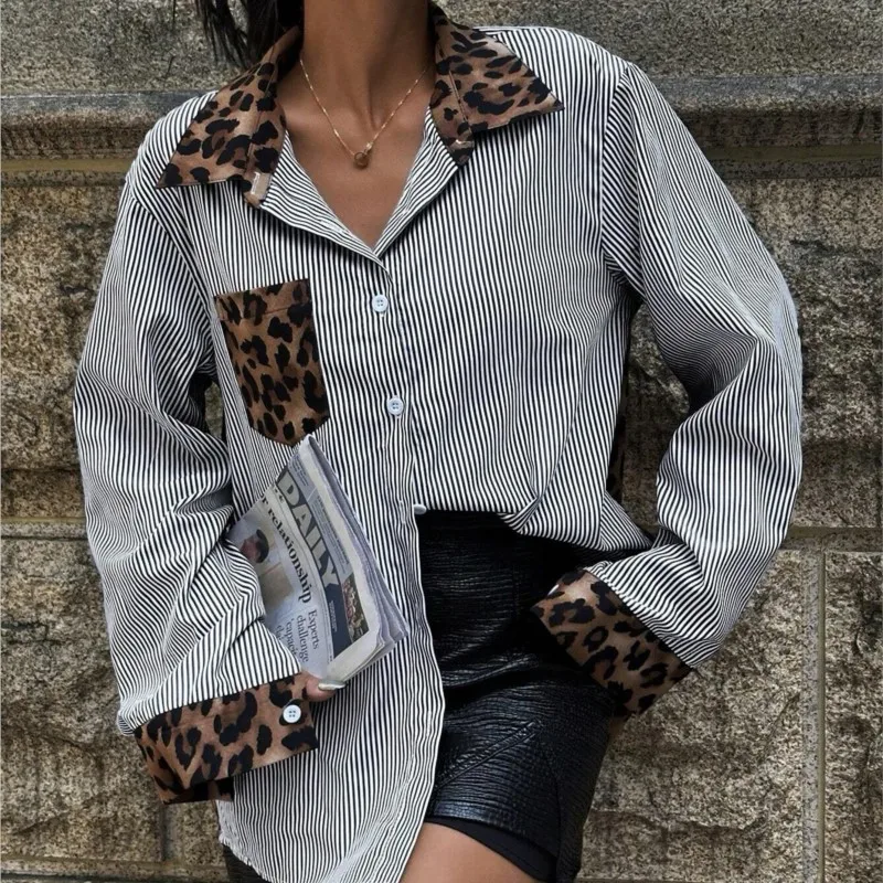 

Women's Fashion Design Leopard Print Patchwork Long Sleeve POLO Collar Shirt Loose Casual Single Breasted Office Shirt Top
