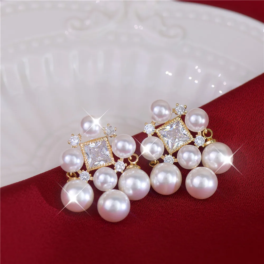 French Luxury Vintage Lolita Exquisite Pearl Powder Zircon Earrings Versatile Retro Literary Earrings Banquet Party Accessories