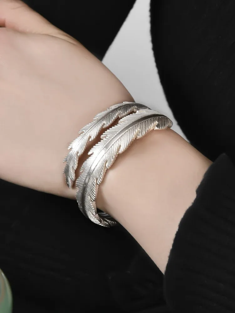 Classic Women Handmade Customized 999 Sterling Silver Bracelet Open Adjustable Cuff Bracelet Fashion Ladies Feather Fine Jewelry