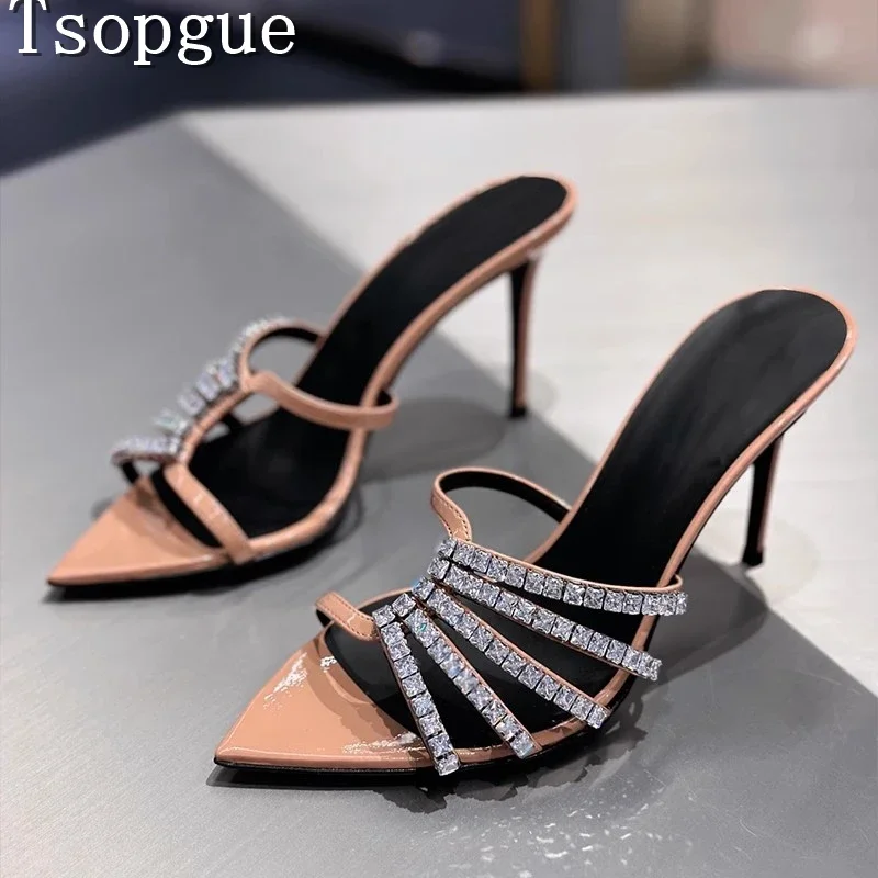 

Sexy Crystal Narrow Band Slipper for Women Summer Fashion Thin High Heels Pointed Toe Slides Fashion Party Sandal Mule