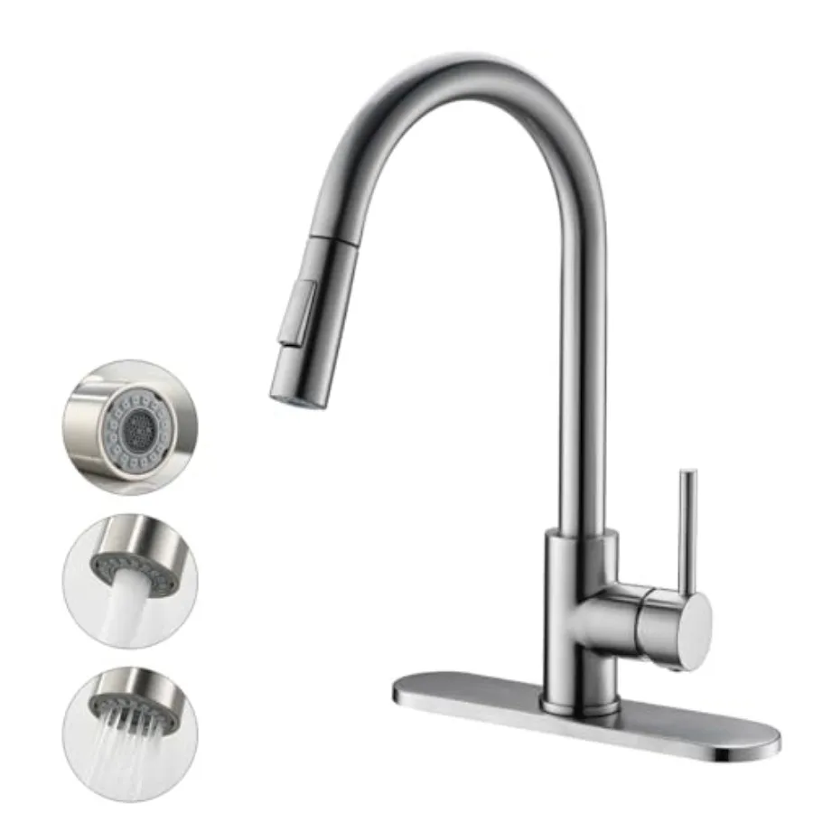 

Kitchen Faucet with Pull Down Sprayer High Arc Material with cUPC Ceramic Cartridge with Deck Plate Fit for 1 and 3 Hole Kitche
