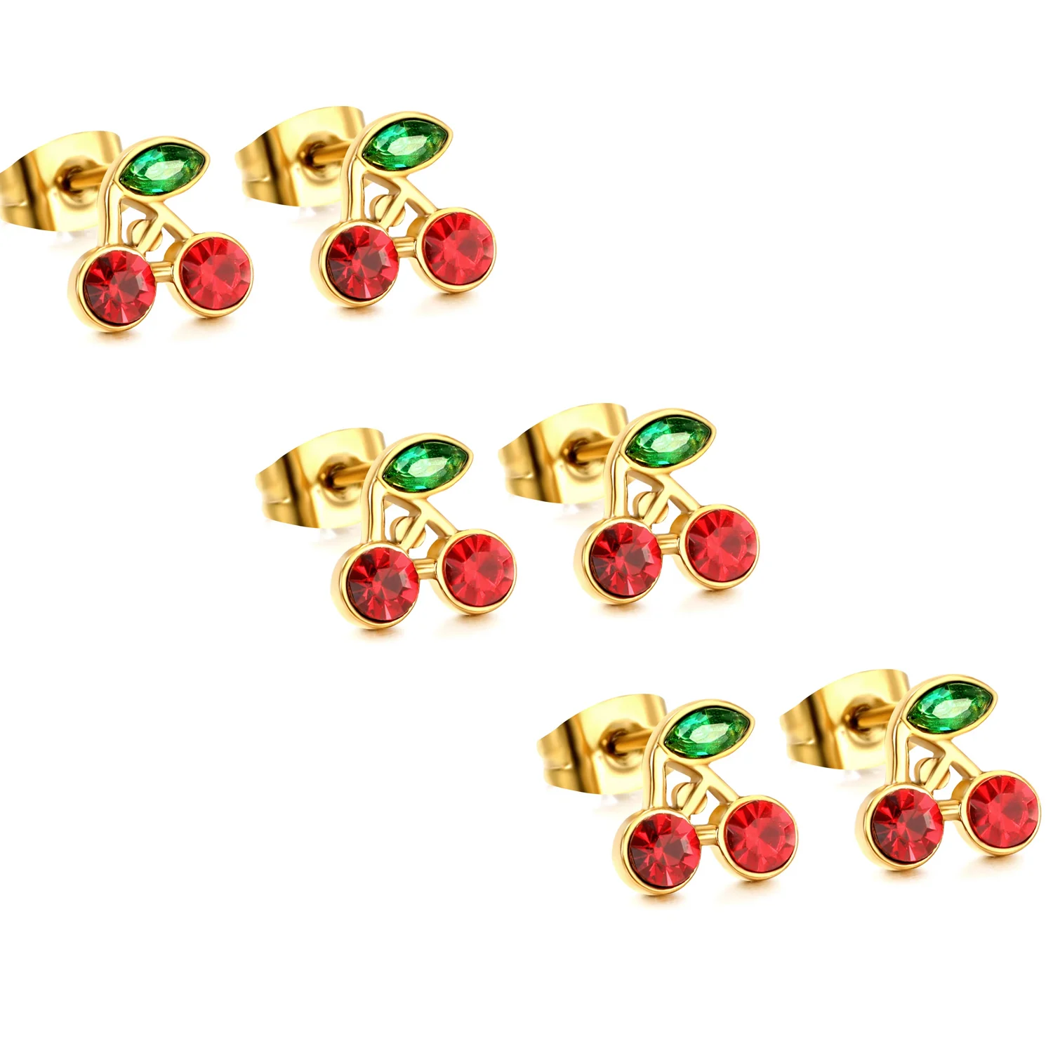 3 Paar Edelstahl-Ohrstecker mit süßen, niedlichen Kirschen und grünem Zirkon, Sommer-Strandschmuck-Accessoires für Frauen und Mädchen – Detail 1