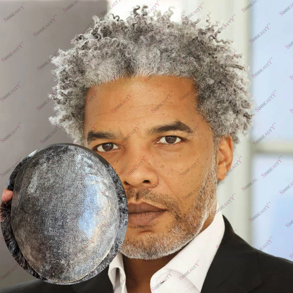 

Прочный мужской парик-накладка из натуральных человеческих волос, серый, кудрявый, 8 мм, афро-стиль, цвета 1b65, 1b50, 1b80, с естественной линией роста волос, незаметный, протез для волос