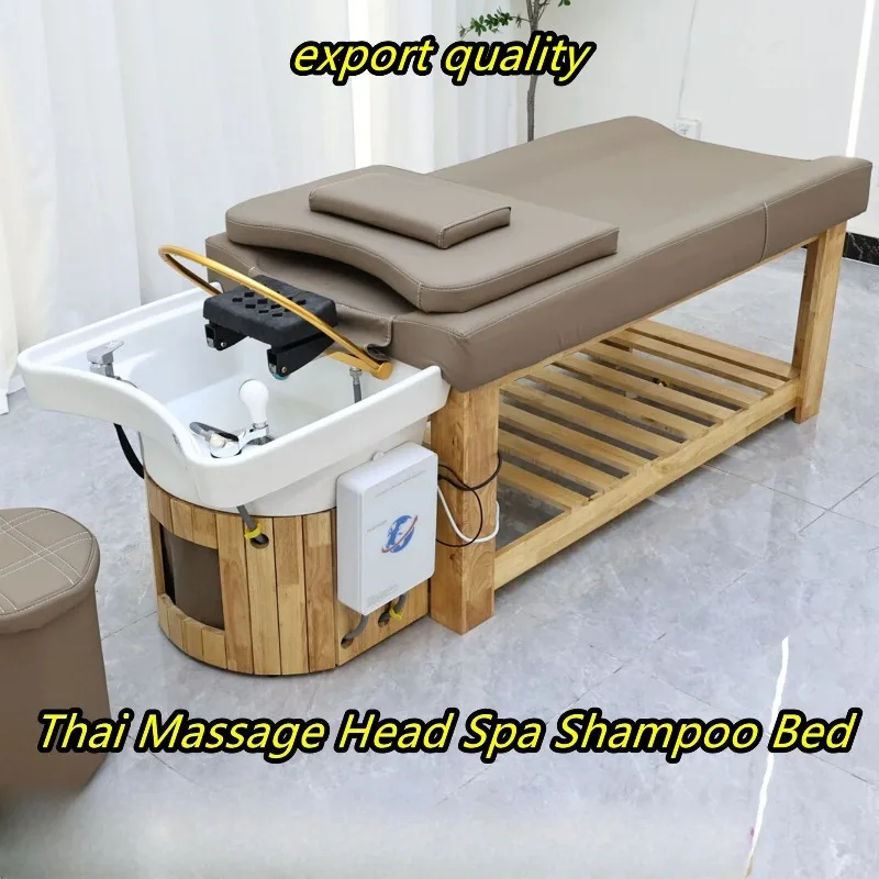 Cama de terapia capilar de madera maciza con circulación de agua, fumigación y calentador de agua, ideal para salones de belleza, spa y masajes de bienestar.