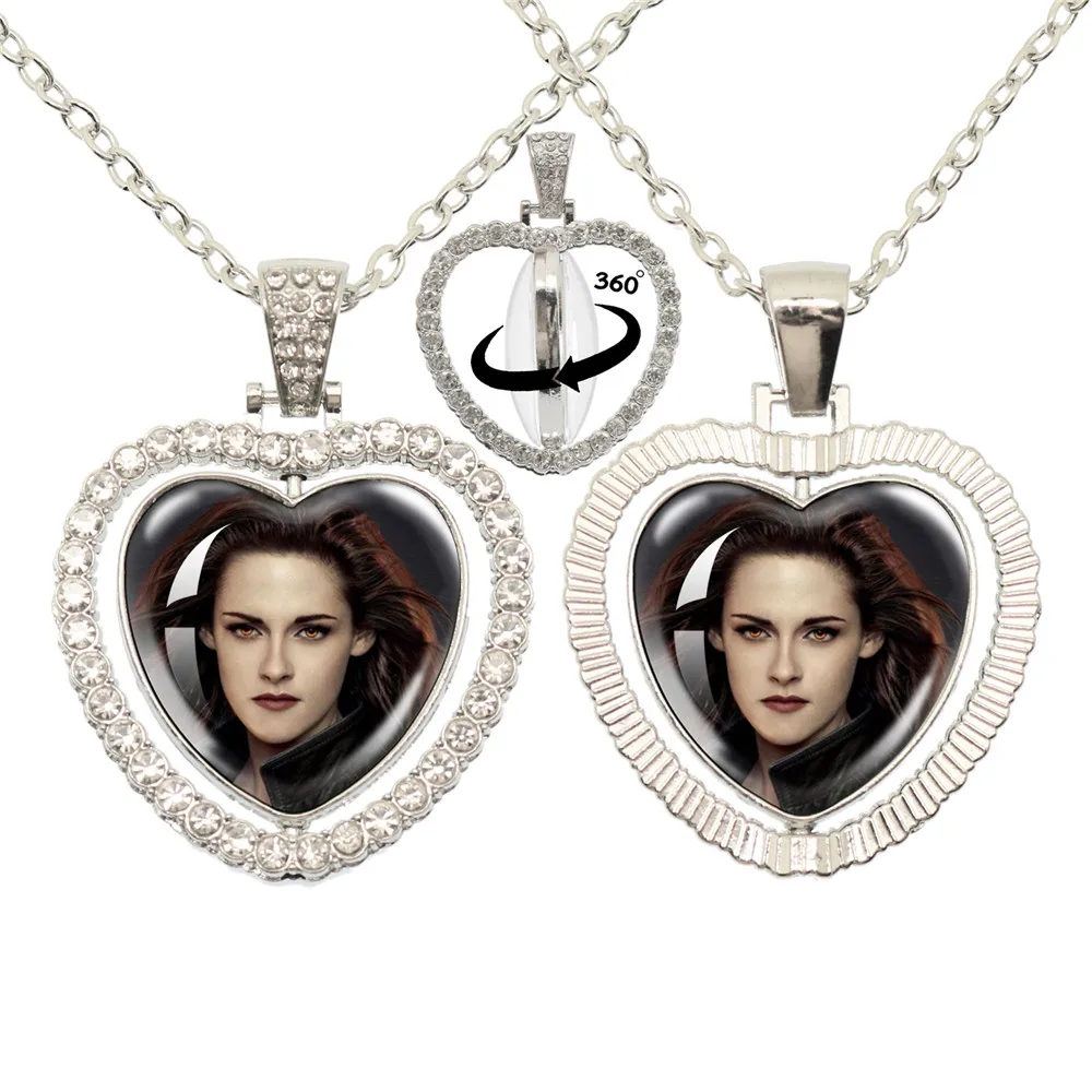 Twilight Movie Glass Heart Pendant Double Sided Necklace 360 Degree Rotation Men Women Fashion Accessories Jewelry Gift