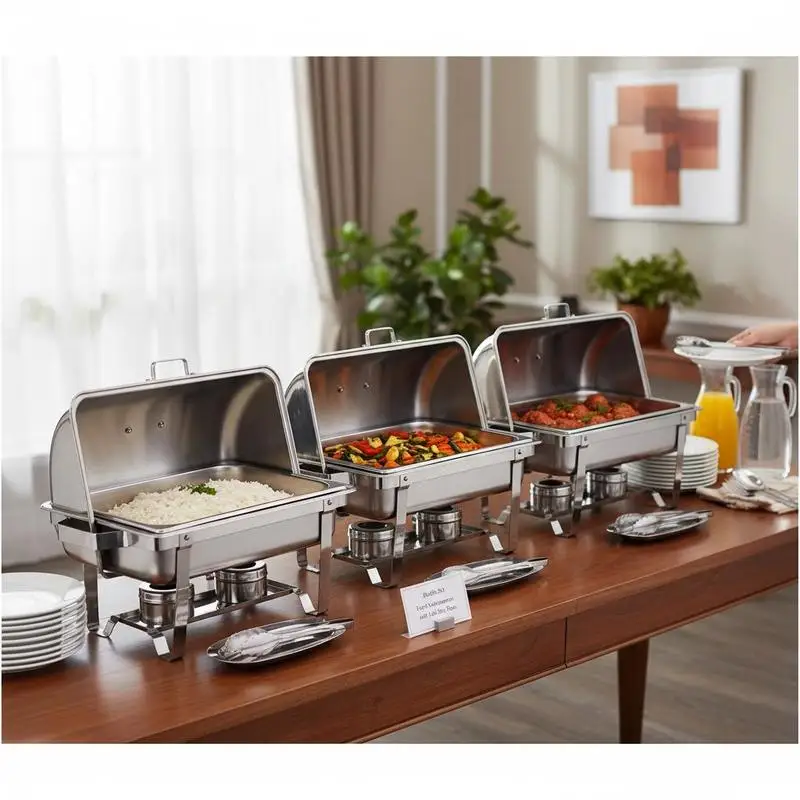 Ensemble de réchauds de buffet, 4 pièces en acier inoxydable, chauffe-plats rectangulaires avec 4 bacs pleine grandeur (7,5 L), couvercle, support pour bac à eau et porte-combustible