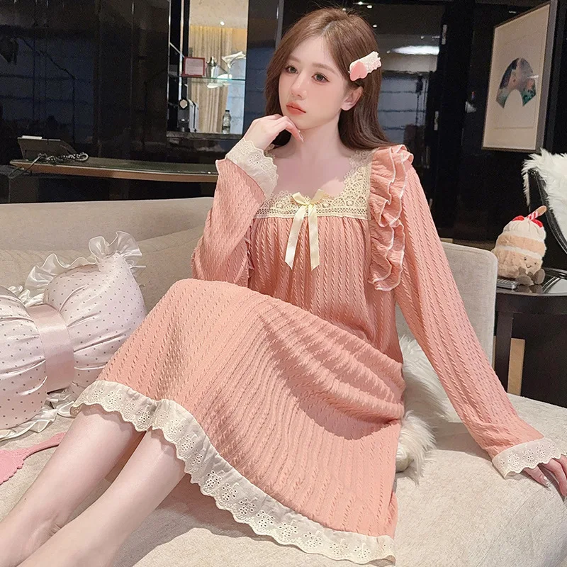 

Autumn Plus Size Long Sleeve Cotton Nightgowns for Women Cute Sleepwear Squre Neck Princess Style Nightdress Korean Home Nighty