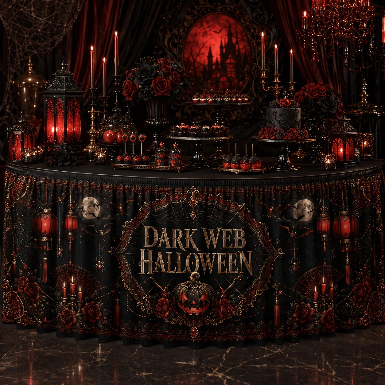 One table skirt. Polyester matte pattern. Suitable for Halloween gothic style pumpkins.xzj
