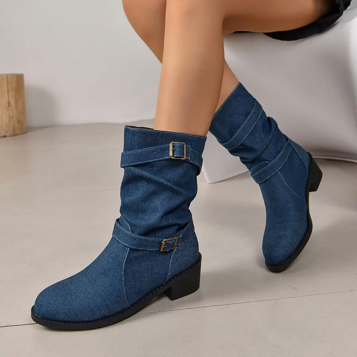 Women's boots Fashion buckle autumn/winter new denim blue square heel mid-calf boots plus size women's shoes