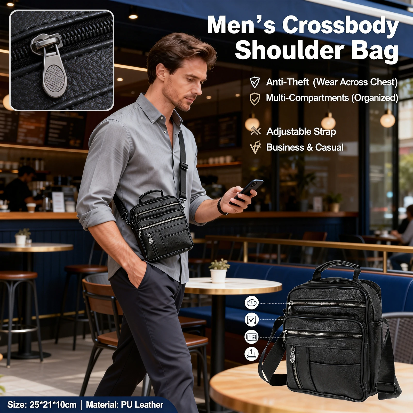 

Мужская сумка через плечо из искусственной кожи, модные сумки с регулируемым плечевым ремнем, мужская нагрудная сумка, повседневная офисная дорожная сумка через плечо